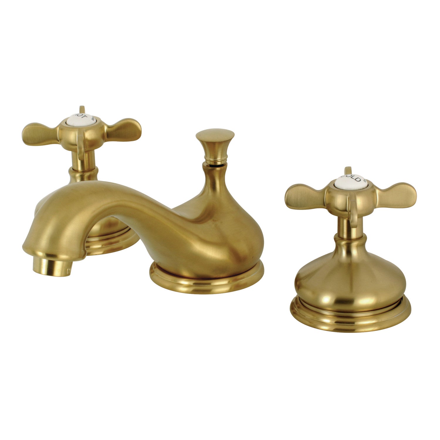 Kingston Heirloom KS1167BEX - Essex Two-Handle 3-Hole Deck Mount Widespread Bathroom Faucet with Brass Pop-Up, Brushed Brass — image 1